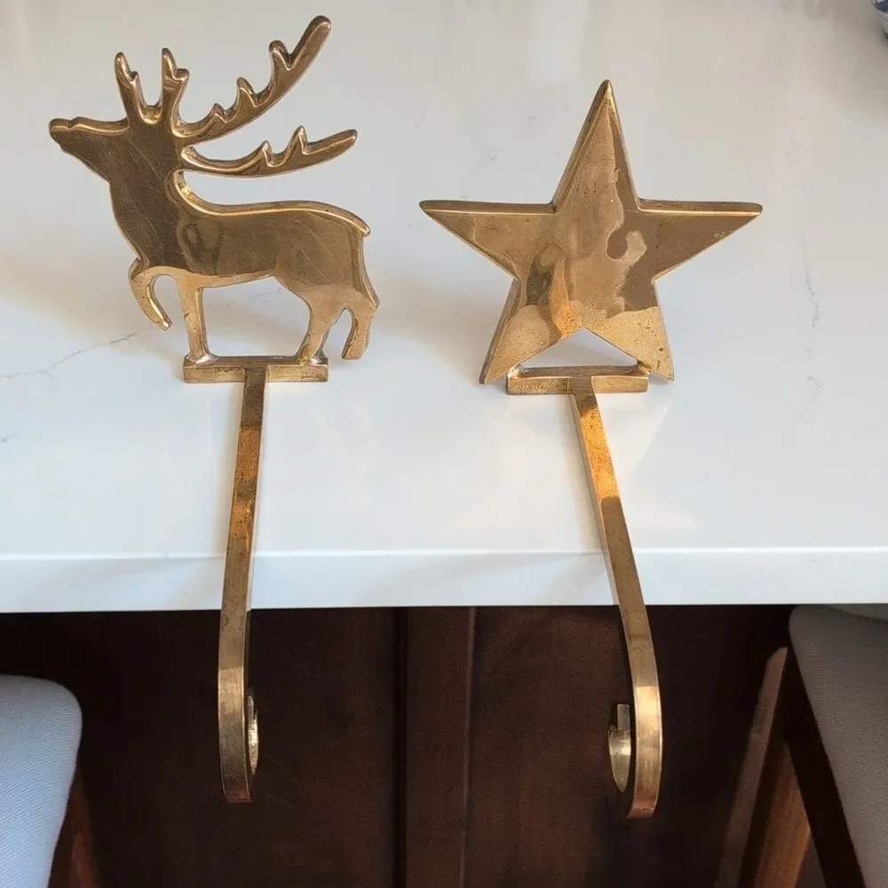 Solid Brass Reindeer and Star Christmas Stocking Holder Hooks Set of 2 Vintage